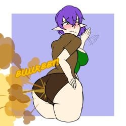elf elf_ears elf_female eliza_(mrtomato8224) fanning fart fart_cloud fart_fetish farting female green_eyes mrtomato8224 panties pantsless purple_hair thick_ass