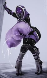 alien_girl breasts female glowing_eyes grabbing_own_breast helmet hood impracticalart lactation mass_effect massive_breasts purple_skin quarian ripped_clothing tali'zorah_nar_rayya wide_hips