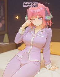 1futa 2025 ai_generated artist_name balls bangs blunt_bangs blurry blurry_background blush bug bulge butterfly_hair_ornament closed_mouth cock collared_shirt dick erection futanari go-toubun_no_hanayome hair_ornament hi_res high_quality high_resolution highres intersex long_sleeves nakano_nino novalust one_eye_closed patreon patreon_username penis pink_hair ribbon shirt solo stable_diffusion testicles watermark white_shirt
