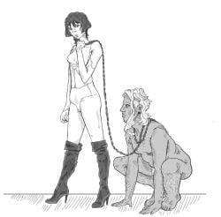 body_hair bondage breasts chains cuntboy dottore_(genshin_impact) fat genshin_impact high_heels intersex mtf_transformation nipples pussy scaramouche_(genshin_impact)