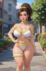 accessory ai_generated bikini blurred_background blush brown_hair building cameltoe choker cleavage earrings elegant female flower_pot frilled_choker frilled_panties frilled_thigh_strap frills garden grok hair_scrunchie hair_strand halter_bikini hand_on_hip matching_outfit one_hand_on_hip one_leg_forward pavement ponytail rgomez007 solo_female street thick_thighs thigh_band thigh_strap thighband tree urban wide_hips wrist_scrunchie