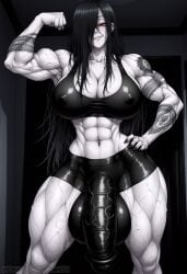 abs ai_generated arm_tattoo biceps black_hair black_nails bulge bulge_through_clothing covered_nipples ear_piercing fangs flexing futadom hair_over_one_eye hand_on_hip huge_cock huge_testicles large_breasts large_penis large_testicles long_hair muscular muscular_female muscular_futa muscular_futanari navel_piercing nipple_bulge red_eyes ryokum00n sadako_yamamura seductive_smile slit_pupils tattoo veins veiny_arms veiny_muscles veiny_penis veiny_thighs