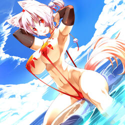 animal_ears areola_slip areolae armpits arms_up bikini blush breasts cameltoe color erect_nipples female hair_ribbon huge_breasts karochii_(mochiya) large_breasts momiji_inubashiri navel ponytail red_eyes revision ribbon short_hair silver_hair sitting sling_bikini smile solo string_bikini swimsuit tail tied_hair touhou water wet wolf_ears wolf_tail