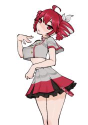 1girls 2d 2d_(artwork) absurd_res ahoge alternate_version_available belly blush blushing breasts clothed clothing crop_top cropped_jacket curvy curvy_female curvy_figure exposed_belly exposed_torso female female_only frilled_skirt fully_clothed gurumo hair_ornament hairbow kasane_teto lips midriff perky_breasts petite petite_body petite_female posing red_eyes red_hair shiny_skin simple_background skirt solo solo_female synthesizer_v thick_thighs thighs tilted_head twin_drills utau white_background