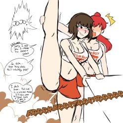 2girls big_breasts blush brown_hair crop_top fart fart_cloud fart_fetish farting female hooters_(parody) hooters_uniform joanne_(mrtomato8224) mrtomato8224 one_leg_up red_hair stretching