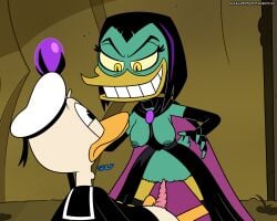 2025 adullperson anatid anseriform anthro avian bird black_hair breasts disney donald_duck duck ducktales ducktales_(2017) duo female genitals gulp_(sound_effect) hair hi_res magica_de_spell male male/female nipples onomatopoeia penis sailor_uniform scepter sound_effects spiral_penis text toothy_smile vulva