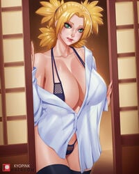 1girls areola areola_slip arm_support bare_shoulders before_sex big_breasts blonde_hair bottomless breasts female female_only huge_breasts kyopink large_breasts legwear licking_lips mostly_nude naruto naruto_(series) naruto_shippuden naughty_face off_shoulder open_clothes open_shirt quad_tails shirt sliding_doors sling_bikini smile solo_focus standing string_bikini teal_eyes temari thighhighs tied_hair