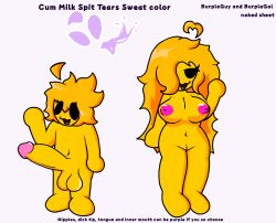 burple_(guy/gal) burplegal burpleguy female friday_night_funkin friday_night_funkin_mod male oc purple_cum reference_sheet smaller_male taller_girl yellow_body yellow_hair