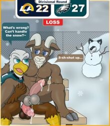 2_toes 5_fingers abs accipitrid accipitriform after_sex anthro armpit_hair avian avian_feet bald_eagle ball_size_difference ball_tuft balls beak bench big_balls big_penis bird black_body black_fur black_nose blue_eyes bodily_fluids body_hair bottomless bottomless_anthro bottomless_male bovid branch brown_body brown_feathers brown_fur brown_nipples button_(fastener) canid canine canis caprine chest_tuft clenched_teeth clothed clothing cloud comic cum cum_from_ass cum_in_ass cum_inside cum_on_leg cum_on_penis darkened_balls darkened_genitalia darkened_nipples day dialogue domestic_dog eagle english_text facial_hair feathers feet fingers football_jersey fur genital_fluids genitals glans goatee green_eyes group hooves horn husky jersey_only leaking_cum logo los_angeles_rams male male/male mammal mascot muscular muscular_anthro muscular_male nfl nike nipples nordic_sled_dog nude nude_anthro nude_male on_bottom on_top outside overcast pecs penis philadelphia_eagles pink_glans pink_penis pink_tongue rampage_(los_angeles_rams) reverse_cowgirl_position score_overlay sea_eagle sex sheep sitting sky smile smug snow snowflake snowman spitz spread_legs spreading swoop_(philadelphia_eagles) tan_balls tan_body tan_fur teeth text thehuskyk9 thehuskyk9_(artist) toes tongue trio tuft white_body white_feathers white_fur yellow_beak