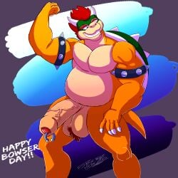 5bs balls bara bowser dragon flexing_bicep furry gay horns king_koopa male muscular muscular_male penis pierced_penis piercing pubic_hair red_hair smirk smirking tail yaoi yiff