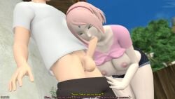 big_breasts big_penis blowjob boruto:_naruto_next_generations breasts_out dantesix dialogue green_eyes image looking_at_penis milf outside pants_lowered pink_hair pink_shirt sakura_haruno semi_nude shots text uzumaki_boruto white_shirt