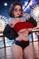 1girls 3d 3d_(artwork) abs ai ai_generated alt_girl amusement_park big_ass big_breasts booty_shorts brown_hair brown_hair busty cardigan carnival circle_glasses circular_glasses egirl glasses hipster lindsey(oc) medium_hair muscular_female night petite petite_body radnsad red_glasses red_sunglasses solo solo_female solo_focus theme_park thick_ass thick_thighs tubetop underboob