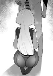 1boy ahoge ass asticassia_school_uniform censored clothed_female_nude_male erection female greyscale gundam gundam_suisei_no_majo highres kneeling liyoosa long_hair long_sleeves looking_at_penis miorine_rembran monochrome nude pantyhose penis_awe school_uniform see-through solo_focus straight thong