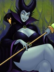 1girls big_breasts blazbaros breasts cleavage crossed_legs crow disney female female_only grin grinning_at_viewer horns looking_at_viewer maleficent narrowed_eyes sitting sleeping_beauty_(1959_film) smiling smiling_at_viewer solo staff thick_thighs villainess yellow_eyes