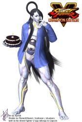 3d arms_up bangs big_breasts black_hair breasts button_down_shirt cake capcom curvy english_text female frosting grey_body hair_over_one_eye hips hourglass_figure legs_aprt licking lingerie logo long_hair metallic_body muscular muscular_female no_nipples no_pussy no_visible_genitalia panties pinup robot robot_girl robot_humanoid see-through see-through_clothing see-through_panties seth_(doll_unit_0) seth_(street_fighter) silver_body standing street_fighter street_fighter_v toned_female tongue_out transparent_background unbuttoned unbuttoned_shirt watermark xps-fanatic yellow_eyes