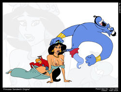 1990s 1997 2009 20th_century akabur aladdin arabian arabian_clothes covered_in_cum disney disney_princess erect_penis female genie_(aladdin) harem_outfit human iago male nipples princess_jasmine