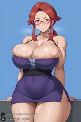 1female 1girls 2025 ai_generated areola_slip arm_support artist_name bare_shoulders big_ass big_breasts blue_background blush breasts cleavage closed_mouth collarbone covered_navel curvy dress female glasses hi_res high_quality high_resolution highres huge_ass huge_breasts looking_at_viewer patreon patreon_username pokemon_frlg ponytail purple_dress red-framed_eyewear red_hair semi-rimless_eyewear short_dress side_slit sidelocks skindentation solo sweat thick_thighs thighs unjobdespiert watermark