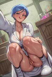 1girls :q ai_generated artist_name blue_eyes blue_hair blush breasts bulma_briefs cleavage coat collarbone dragon_ball_super dutch_angle earrings female flask indoors jewelry labcoat large_breasts licking_lips looking_at_viewer mature_female naughty_face no_panties patreon_logo patreon_username pussy pussy_juice reaching reaching_towards_viewer shelf short_hair smile socks solo squatting sweat test_tube thighs tongue tongue_out uncensored white_coat white_footwear