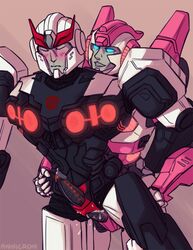 1boy 1futa annicron arcee blush closed_eyes cum_in_ass cumdrip embarrassed erection from_behind futa_on_male futanari hand_on_hip hand_on_thigh humanoid humanoid_penis male penis prowl_(transformers) transformers