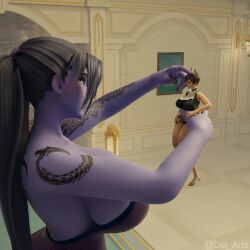 3d 3d_render bigger_female blender breasts brown_eyes brown_hair dej_arts female giantess happy huge_ass huge_breasts maid maid_outfit maid_uniform overwatch overwatch_2 purple_body purple_hair purple_skin scrag_tracer scrag_widowmaker size_difference smaller_female tracer widowmaker