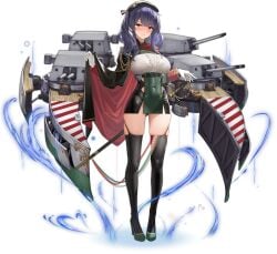 aiguillette azur_lane beret black_cape black_headwear black_thighhighs blush boots bra_visible_through_clothes breasts buttons cape center_frills cg covered_navel double-breasted dress epaulettes female framed_breasts frills full_body gloves green_dress green_footwear hand_on_hilt hat heart high_heels holding_sword italian_flag lace-trimmed_bra large_breasts long_hair long_sleeves looking_at_viewer microdress military official_art parted_lips pola_(azur_lane) purple_hair red_cape red_eyes rigging saber_(weapon) sheath sheathed short_dress sidelocks skindentation smile solo standing sword taut_clothes taut_dress thighhighs thighs turret twintails two-tone_cape underwear weapon white_gloves