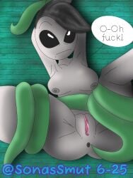 3:4 alien areola ass bondage bondage bound breasts brick_wall bubble_butt digital_media_(artwork) female genitals green_tentacles grey_body grey_hair grey_skin hair hi_res horrorvale humanoid imminent_sex keebra_(horrorvale) looking_at_viewer nipples no_clothing not_furry roswell_grey sex shaded signature soft_shading solo sonassmut tentacle tentacle_sex text thick_thighs vulva wall_(structure)