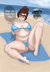 beach big_breasts bikini bikini_bottom blizzard_entertainment blue_bikini breasts brown_eyes brown_hair chubby chubby_female embarrassed feet female glasses hot_day human innocent_expression looking_at_another mei_(overwatch) mengao overwatch overwatch_2 pulling_bikini_string raised_foot raised_leg robot sand seductive sexually_suggestive smile snowball_(overwatch) thick_female thick_thighs thighs tight_bikini voluptuous voluptuous_female white_skin