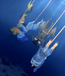 2boys 2girls air_kiss asphyxiation bat blue_blush breath_holding breathhold breathplay bubbles cub cyanosis danger diving drowning f/m female kissing kissing latex male nintendo nude ocean original_characters penguin peril pokemon raichu sea seafloor sharing_air suffocating suffocation swimming syst3264 underwater vaporeon water young