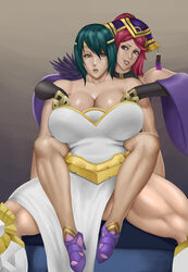 2girls alternate_costume bare_legs bare_shoulders bare_thighs big_breasts black_hair breast_grab breasts clothed double_breast_grab female_only fire_emblem fire_emblem_heroes gigantic_breasts goddess green_hair grin huge_breasts large_breasts loki_(fire_emblem) long_hair looking_at_another multiple_girls muscular muscular_female muscular_thighs nintendo palemaster piggyback short_hair smile thick_thighs thigh_boots thighs thorr_(fire_emblem) unamused violet_hair yuri