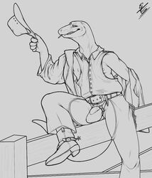 2022 anthro belt boots bulge chaps clothed clothing cowboy_boots cowboy_hat cowboy_outfit digital_media_(artwork) dress_shirt fence footwear genitals hat headgear headwear holding_clothing holding_hat holding_headgear holding_headwear holding_object lizard male male_anthro monochrome nipples penis penis_base reptile sarquiat scalie shirt signature simple_background sitting smile smirk solo spurs tenting tongue tongue_out topwear vein veiny_penis