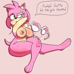 2020 absurd_res amy_rose anthro blush bodily_fluids bouncing_breasts bra breasts clothing eulipotyphlan female frosty_roy fur green_eyes hedgehog hi_res mammal nipples nude pink_body pink_fur sega skybeatz solo sonic_(series) sonic_the_hedgehog_(series) sweat underwear undressing