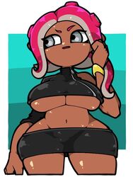 1girls agent_8_(splatoon) big_ass big_breasts breasts cleavage clothed dark-skinned_female female female_only microskirt name_omoitukan2 no_bra no_underwear octoling omoitukan2 pink_hair pussy_window skin_tight skirt solo splatoon splatoon_(series) splatoon_2 splatoon_2:_octo_expansion thick_thighs underboob