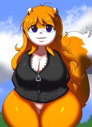 anthro blue_eyes breasts cleavage clothed clothing conker conker's_bad_fur_day female forest fur hands_in_pockets hoodie looking_at_viewer mammal orange_body orange_fur panties plant pockets rareware rodent rule_63 sciurid shortstack smile solo topwear tree tree_squirrel underwear video_games white_panties wide_hips young zaviel