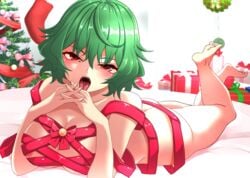 absurdres blush bound box breasts christmas christmas_tree eyebrows_visible_through_hair feet female female_only gift gift_box green_hair highres naked_ribbon nipples open_mouth red_eyes ribbon ribbon_bondage ribboned_body saliva solo solo_female touhou underwear yagami_(mukage) yuka_kazami