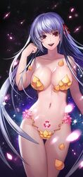 absurdres bangs breasts cleavage collarbone cowboy_shot euna eyebrows_visible_through_hair fate/grand_order fate_(series) female female hair_ornament hand_in_hair highres kama_(fate) large_breasts long_hair looking_at_viewer navel parted_lips pubic_tattoo purple_hair red_eyes smile solo tattoo thighs