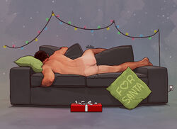 1boy after_anal after_sex artist_name ass back bara black_hair box christmas_lights completely_nude couch cum cum_in_ass gift gift_box highres lying male male_focus male_only merry_christmas muscular muscular_male nickie_charles nude on_couch on_side original pillow short_hair solo