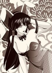 alternate_costume animal_ears arm_behind_head black_hair bow bowtie breasts bunny_ears bustier detached_collar female female fishnet_legwear fishnets floral_background hair_tubes hairbow highres large_breasts long_hair medium_breasts mg55m5 monochrome nipples rabbit_ears reimu_hakurei sepia sidelocks solo thong touhou