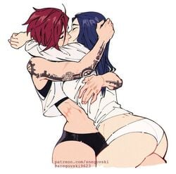 2girls arcane arcane_caitlyn arcane_vi arm_tattoo blue_hair caitlyn_kiramman canon_couple closed_eyes clothed embrace female female_only hug hugging league_of_legends long_hair making_out muscular muscular_female panties passionate passionate_kiss red_hair scar snegovski tattoo vi white_background white_panties wholesome yuri