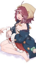 :d ahoge atelier_(series) atelier_sophie bare_shoulders barefoot blue_coat blush breasts brown_eyes bukkake cleavage coat cum cum_on_body cum_on_breasts cum_on_clothes cum_on_hair cute_fang facial female head_scarf highres jewelry long_sleeves looking_at_viewer medium_breasts medium_hair necklace oerba_yun_fang open_clothes open_coat open_mouth red_hair red_skirt simple_background sitting skirt smile solo sophie_neuenmuller sumiyao_(amam) sweat wariza white_background wide_sleeves