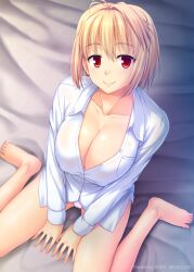 1girls arcueid_brunestud barefoot bed big_breasts blonde_hair blouse breasts cleavage female female_only high-angle_view kneeling long_sleeves looking_at_viewer looking_up miyai_sen nipple_bulge no_bra on_bed panties red_eyes seductive sheets shirt short_hair sitting slit_pupils smile solo tsukihime type-moon vampire wariza white_shirt