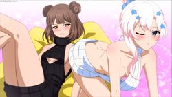 2girls annoyed ass ass_cleavage blush blushing breasts brown_hair butt butt_crack character_request exposed_shoulders flower flower_in_hair hair_bun hair_ornament hi_res highres indie_virtual_youtuber legs looking_at_viewer lyrica_(vtuber) medium_breasts pink_hair rikkuchan seductive short_hair sideboob small_breasts tied_hair virgin_killer_sweater virtual_youtuber