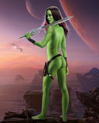 1girls alien alien_girl alien_humanoid ass_focus bracers female female_only gamora green-skinned_female green_skin guardians_of_the_galaxy humanoid marvel marvel_cinematic_universe presenting solo solo_female standing sword tagme zoe_saldana