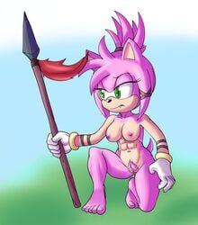 amy_rose anthro fours_(artist) muscular muscular_female pink_hair pubic_hair solo sonic_(series) sonic_prime sonic_the_hedgehog_(series) thorn_rose tribal