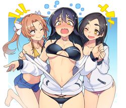 3girls ;) ;d bangs bare_shoulders barefoot bikini black_bikini black_hair blue_background blue_shorts blush border breasts brown_eyes brown_hair collarbone cowboy_shot eyebrows_visible_through_hair hair_between_eyes hair_ornament hair_ribbon hairclip jacket kagerou_(kantai_collection) kantai_collection kuroshio_(kantai_collection) long_hair long_sleeves looking_at_another looking_at_viewer medium_breasts multiple_girls navel nose_blush off_shoulder one_eye_closed open_mouth outside_border oyashio_(kantai_collection) pink_bikini ribbon short_shorts shorts smile standing stomach swimsuit taketora_suzume tears thick_eyebrows thighs twintails white_border white_jacket white_ribbon yellow_bikini yellow_eyes yuri