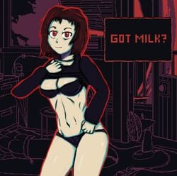 1girls belly_button black_bra black_panties bra dialogue looking_at_viewer milk_chan milk_girl milk_outside_a_bag_of_milk_outside_a_bag_of_milk panties red_eyes shirt_lift sweater sweater_lift thighs underwear