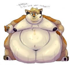 2021 anthro blue_eyes canid canine canis coyote deep_navel dialogue english_text grease_stains headgear headphones headset immobile looking_at_viewer male mammal moobs morbidly_obese morbidly_obese_anthro morbidly_obese_male multicolored_body navel nipples obese obese_anthro obese_male overweight overweight_anthro overweight_male rain_(vanillayote) simple_background solo text vanillayote weight_gain white_background yellow_sclera