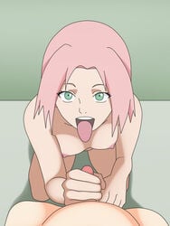 cristalmanor eye_contact fat_man female handjob naruto naruto_(series) naruto_shippuden pink_hair pov pov_eye_contact sakura_haruno small_penis small_penis_handjob tongue_out unseen_male_face