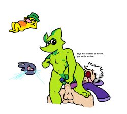 2boys anthro anthro_penetrated banjo-kazooie bottomless bouser crying cyclops dialogue discord_(app) discord_notifications excercise gay green_hat green_skin interspecies jinjo laying_down male/male male_focus male_only male_penetrating naked nipple_play rareware reverse_cowgirl_position sit-ups situps small_penis spanish_text white_hair yellow_skin