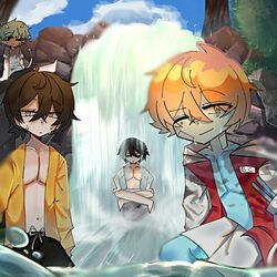 4boys beaconcream black_hair blonde_hair brown_hair erpan1140 exposed_breasts fountain green_eyes green_hair half_naked in_water mcyt mengreyek muscle muscles muscular muscular_male shirtless the_dream_craft yellow_eyes ytmci zenmatho