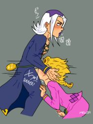 2boys blowjob blush clothed_sex clothing crouching deepthroat eyes_covered gay giorno_giovanna head_grab jojo's_bizarre_adventure leone_abbacchio male_only mew54 open_mouth oral standing throat_bulge vento_aureo white_hair yaoi yellow_hair